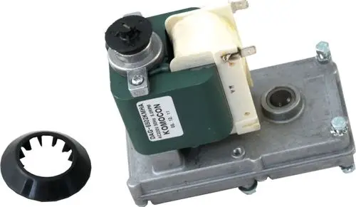 Getriebemotor mit Metallgehäuse und grüner Elektronik, geeignet für verschiedene Anwendungen. Von der Marke Wolf. Kunststoffabdeckung separat abgebildet.